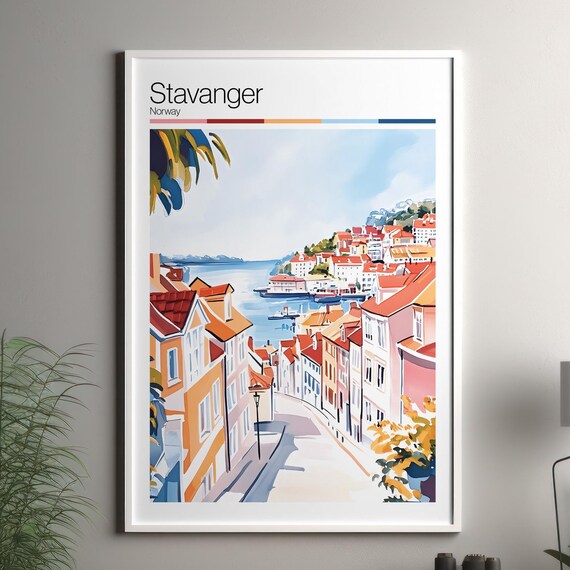 Stavanger Norway Travel Poster Sunny Harbor Street Red Roofs Old Town View