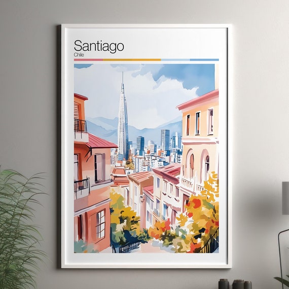 Santiago Print Soft Colors Travel Poster Colourful Wall Art Chile City Decor For