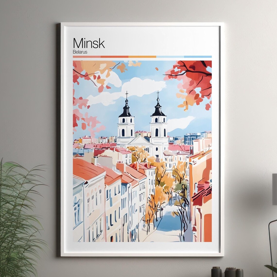 Minsk Belarus Travel Poster Autumn Old Town Twin Church Towers Street Scene