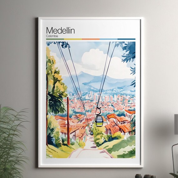 Medellin Colombia Cable Car Cityscape Watercolor Travel Art Poster