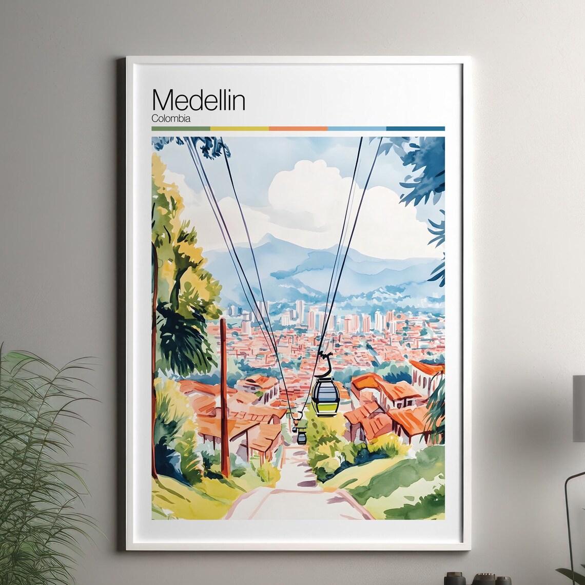 Medellin Colombia Cable Car Cityscape Watercolor Travel Art Poster