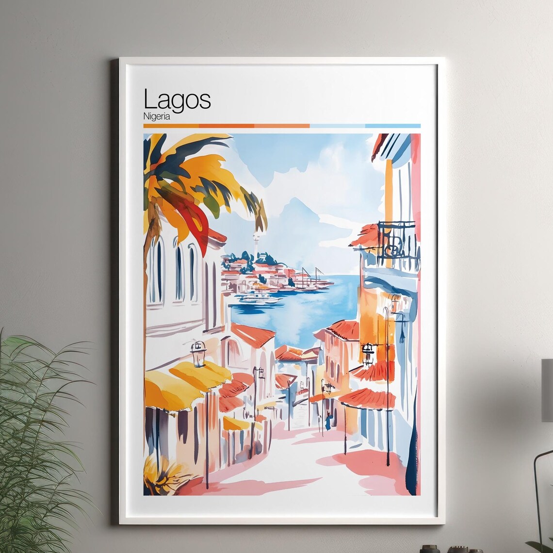 Lagos Nigeria Watercolor Travel Poster Harbor Palm Street Tropical Scene