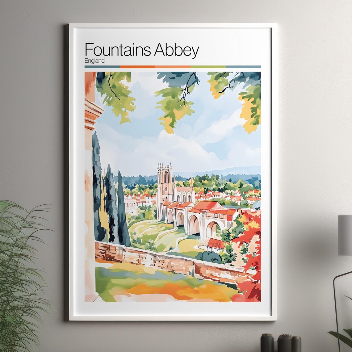 Fountains Abbey England Summer Garden Watercolor Travel Poster