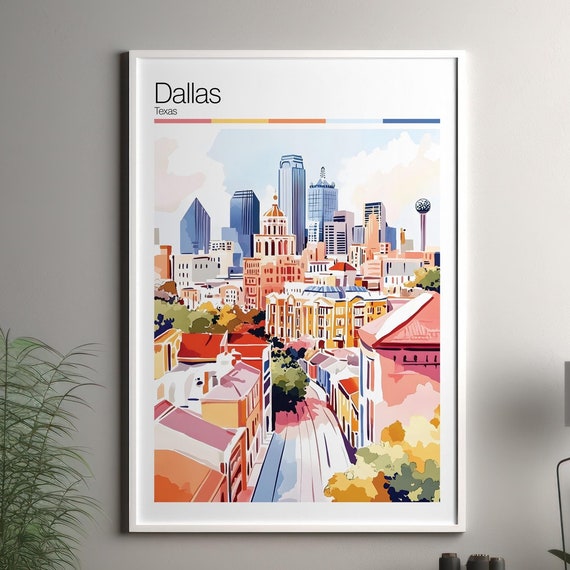 Dallas Print Soft Colors Travel Poster Colourful Wall Art United States City Decor For