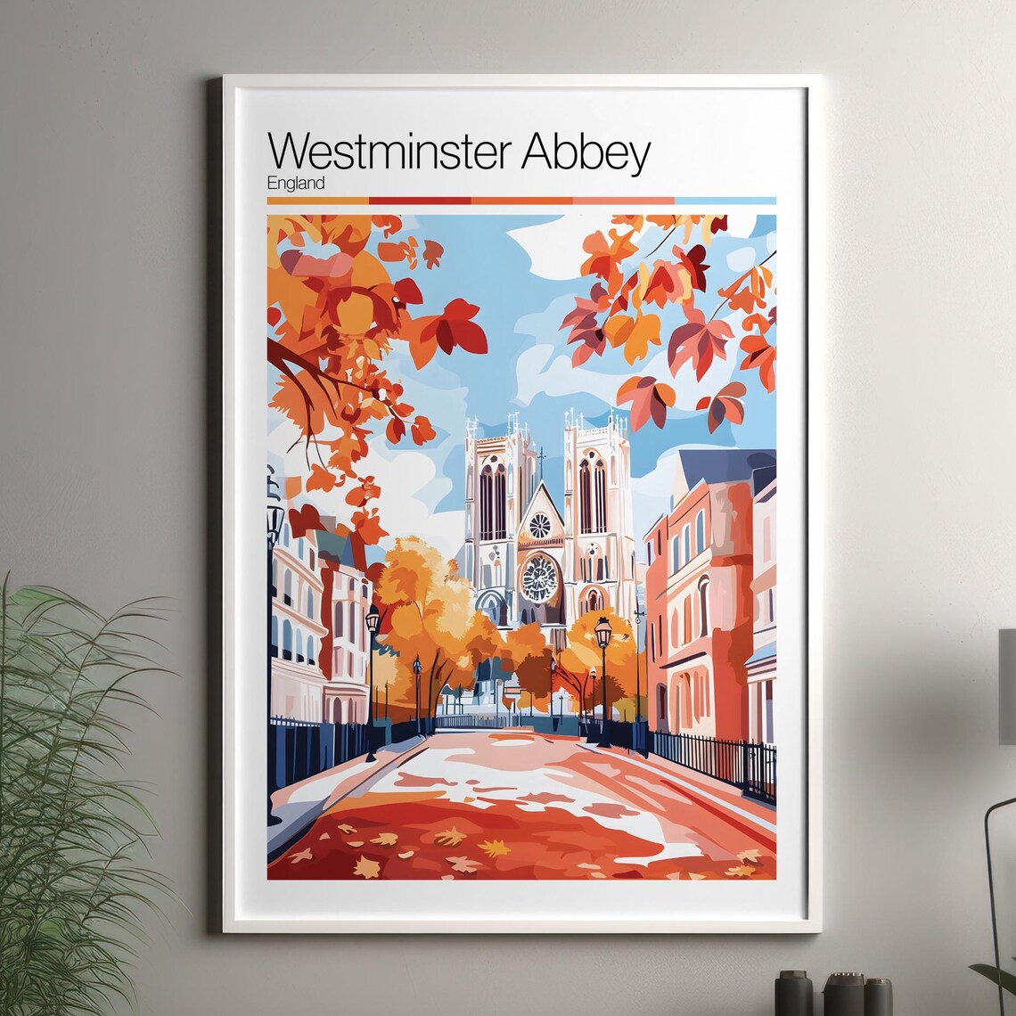 Westminster Abbey England Watercolor Travel Poster Autumn Leaves Art