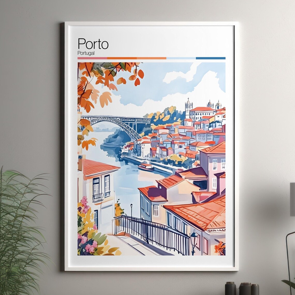 Porto Portugal Bridge Red Roofs Douro River Watercolor Travel Poster
