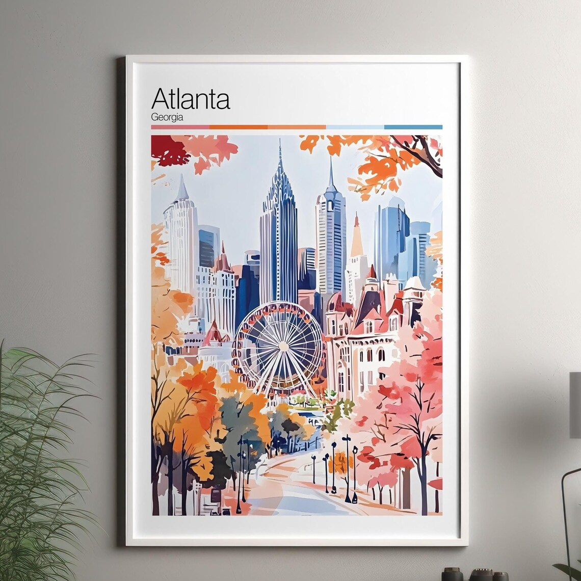 Atlanta Georgia Colorful Fall Skyline Watercolor Ferris Wheel Poster