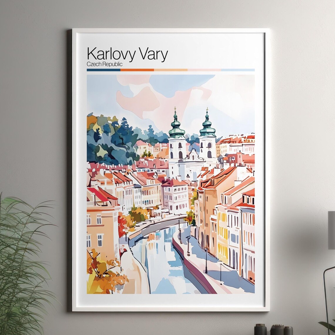 Karlovy Vary Czech Republic Riverside Soft Pastel Europe Travel Poster