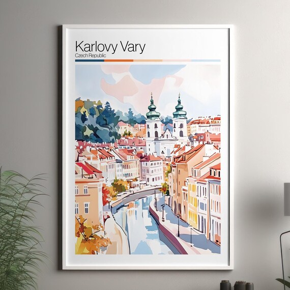 Karlovy Vary Czech Republic Riverside Soft Pastel Europe Travel Poster