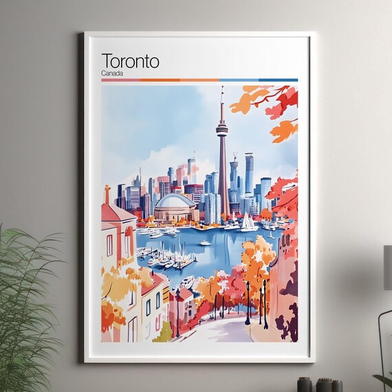 Toronto Canada CN Tower Harbor Fall Watercolor Travel Poster