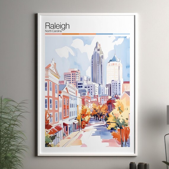 Raleigh North Carolina Downtown Skyline Autumn Watercolor Travel Poster