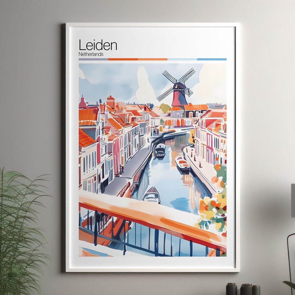 Leiden Netherlands Canal Windmill Red Rooftops Travel Poster Watercolor
