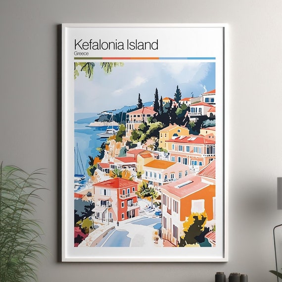 Kefalonia Island Soft Colors Travel Poster Print Colourful Wall Art Greece City Decor