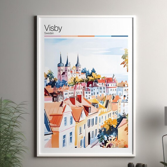 Visby Sweden Medieval Old Town Watercolor Rooftops Travel Poster