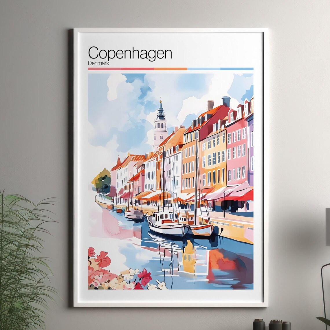 Copenhagen Denmark Nyhavn Harbor Sailboats and Church Spire Art Poster