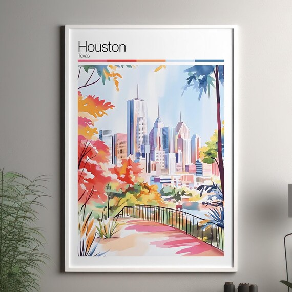 Houston Texas Skyline Watercolor Downtown City Travel Poster