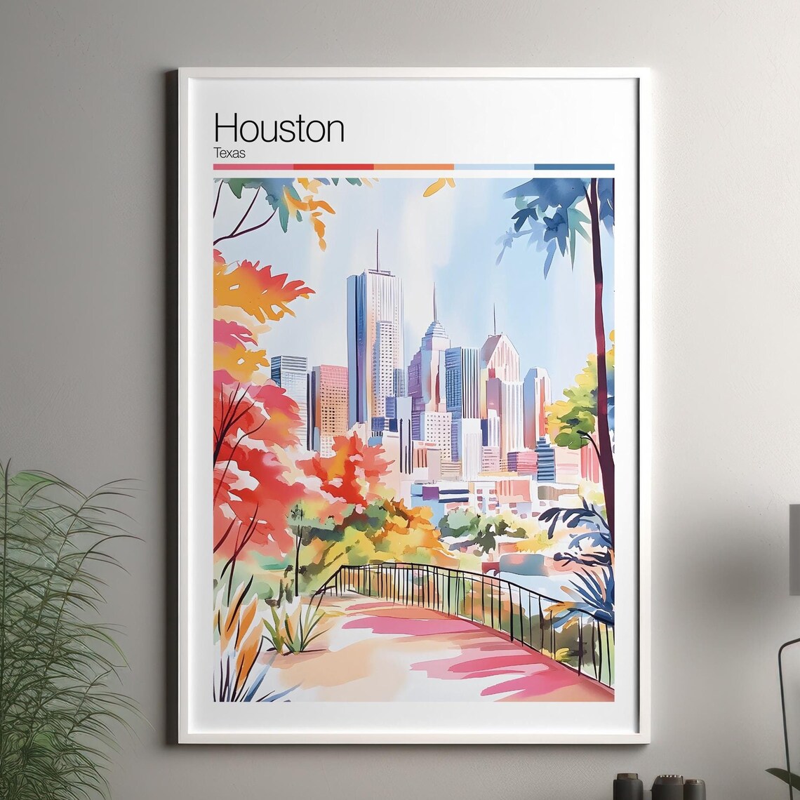 Houston Texas Skyline Watercolor Downtown City Travel Poster
