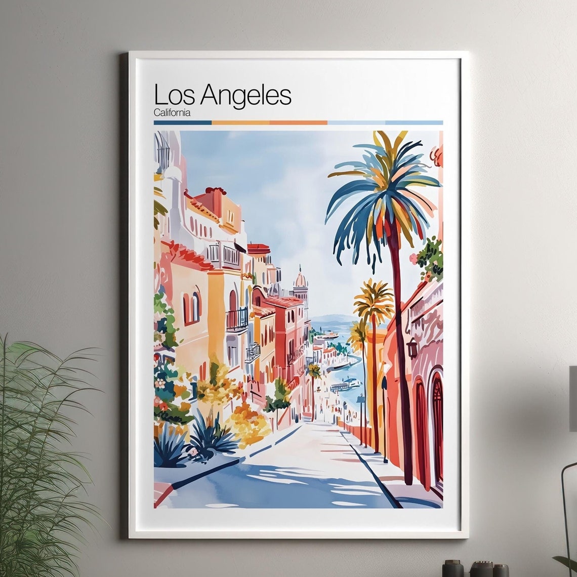 Sunny Los Angeles California Palm Street Watercolor Travel Poster