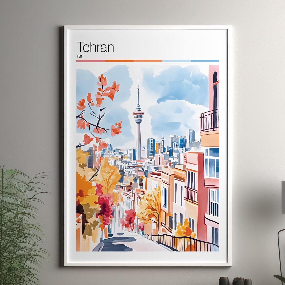 Tehran Iran Watercolor Travel Poster With Milad Tower Street View