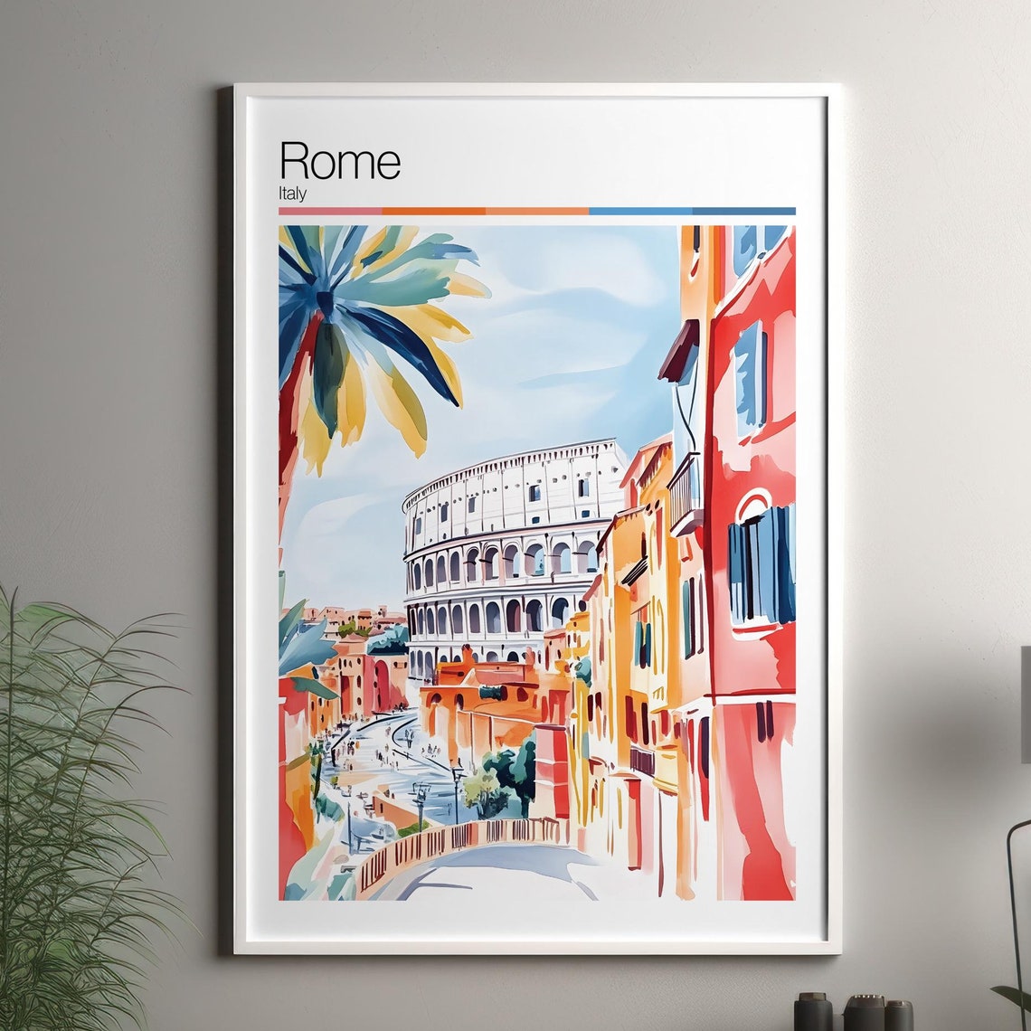 Rome Italy Colosseum Watercolor Vibrant Street Travel Poster
