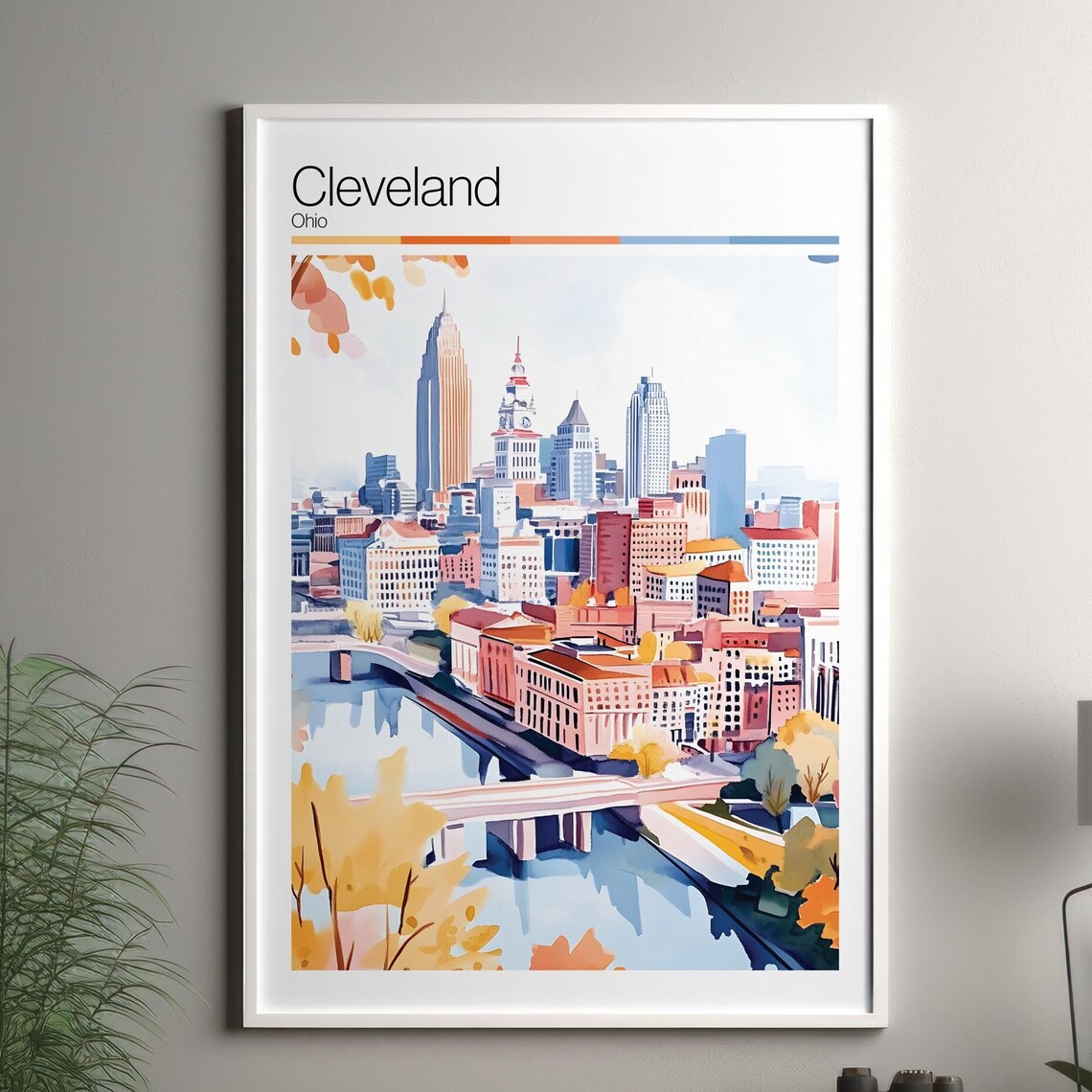 Cleveland Ohio River Skyline Watercolor Downtown Travel Poster