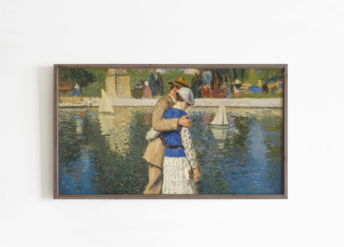 Romantic Couple By Water Impressionist Love Painting Vintage Poster - Image 3