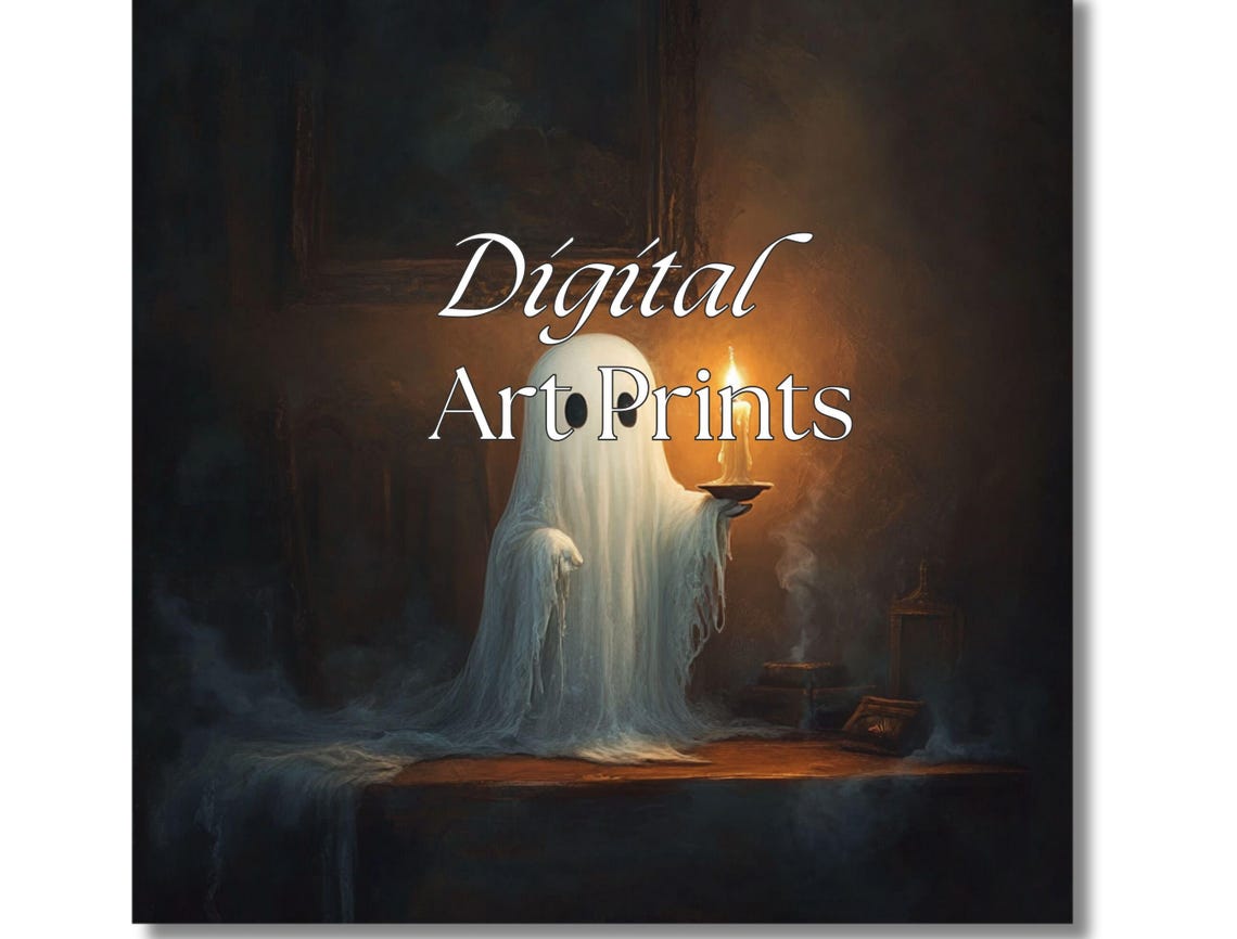 Cute Small Ghost Holding Candle Victorian Panting Dark Academia Room Decor Instant Spooky Halloween Ghost Art - Image 2