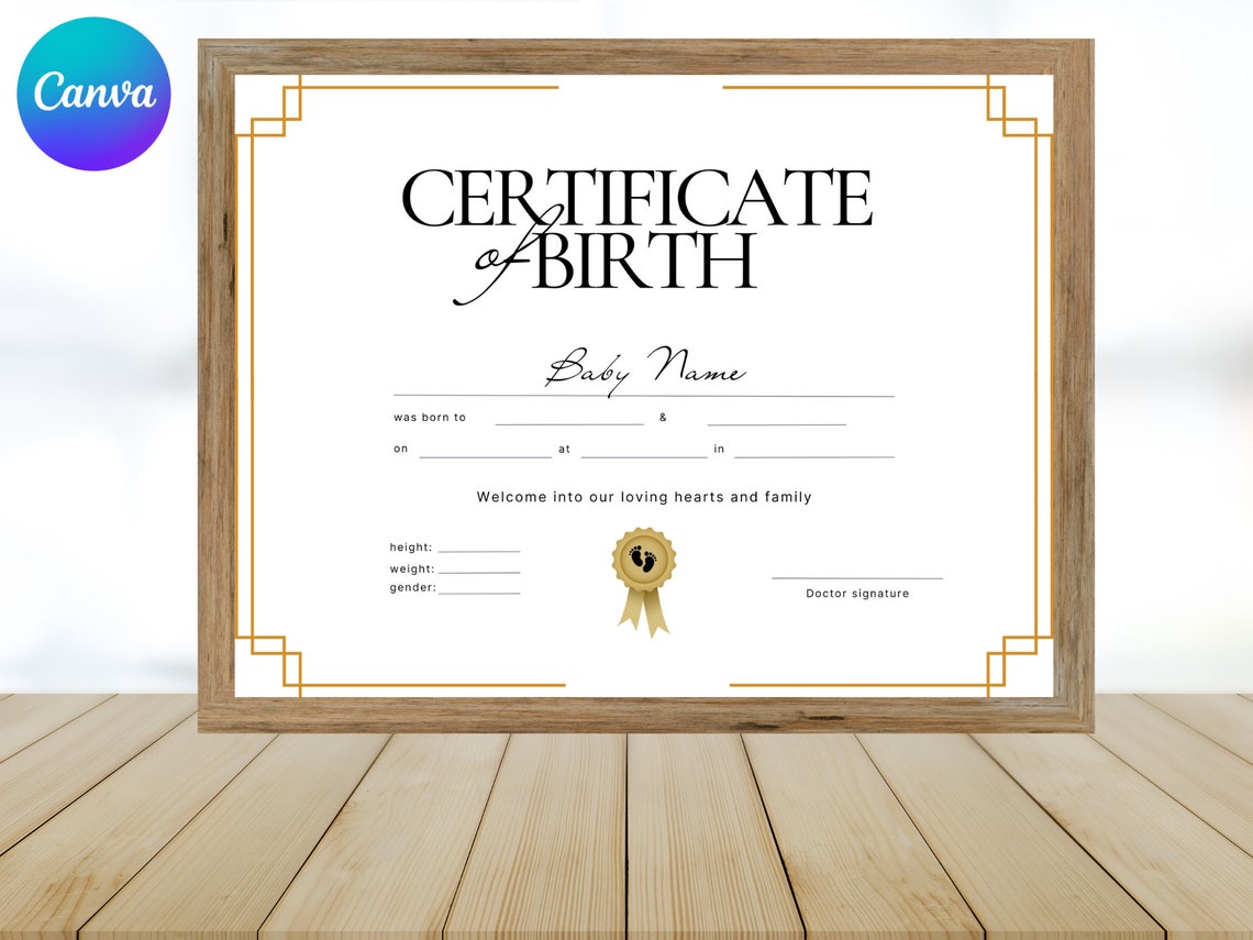 Certificate of Birth Template Art Deco Gold New Baby Keepsake Print