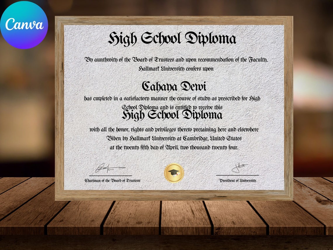 High School Diploma Template Gold Seal Classic Gothic Style Print