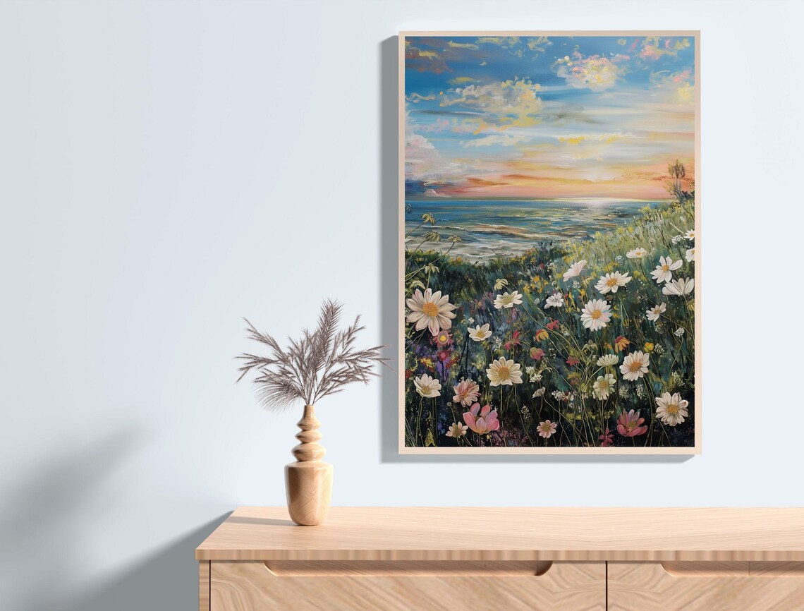Sunset Meadow Wildflower Field Daisy Painting Coastal Summer Art Poster - Image 3