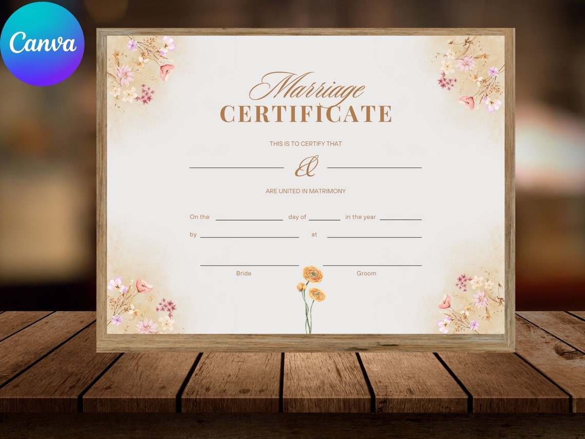 Editable Marriage Certificate Template Floral Wedding Keepsake Print