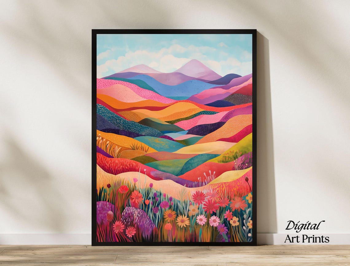 Vivid Colorful Layered Mountain Hills Wildflower Meadow Art Print