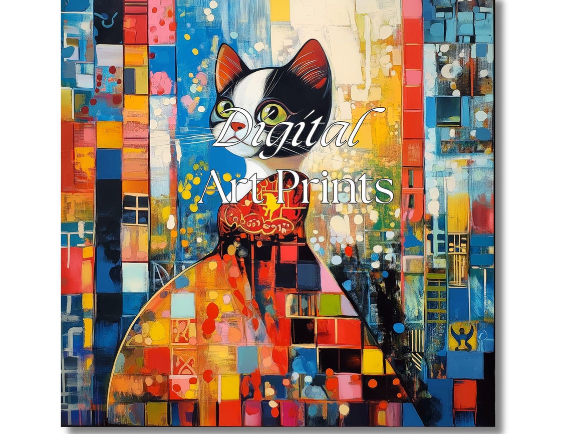 Colorful Mosaic Tuxedo Cat Abstract Patchwork Portrait Art Print - Image 4