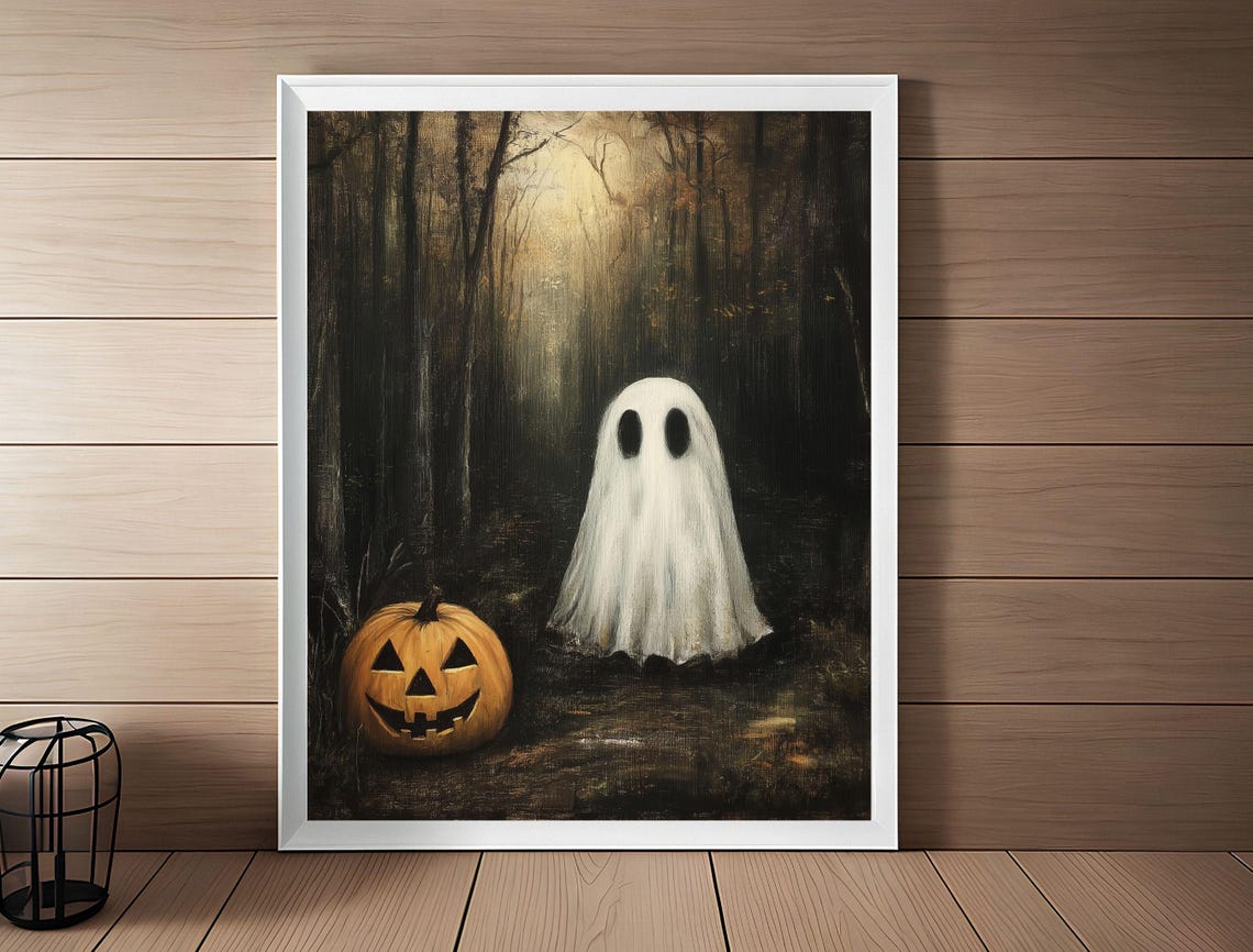 Ghost with Jack O Lantern in Dark Forest Halloween Art Poster - Image 2