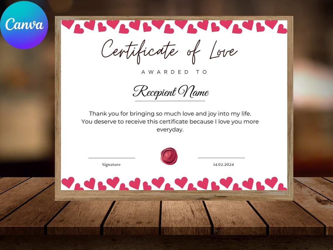 Certificate of Love Gift Award Hearts Border Printable Print