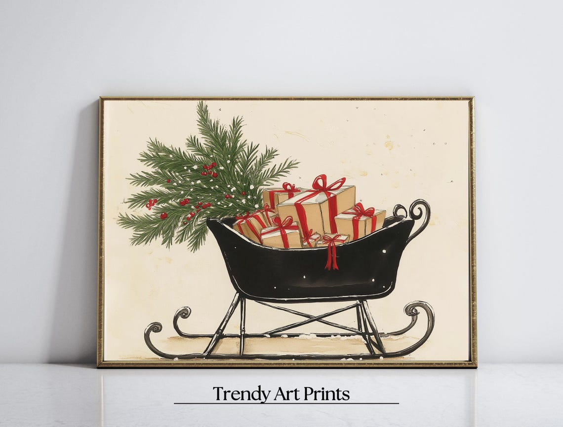 Vintage Black Sleigh Loaded With Gifts and Pine Christmas Poster - Image 7