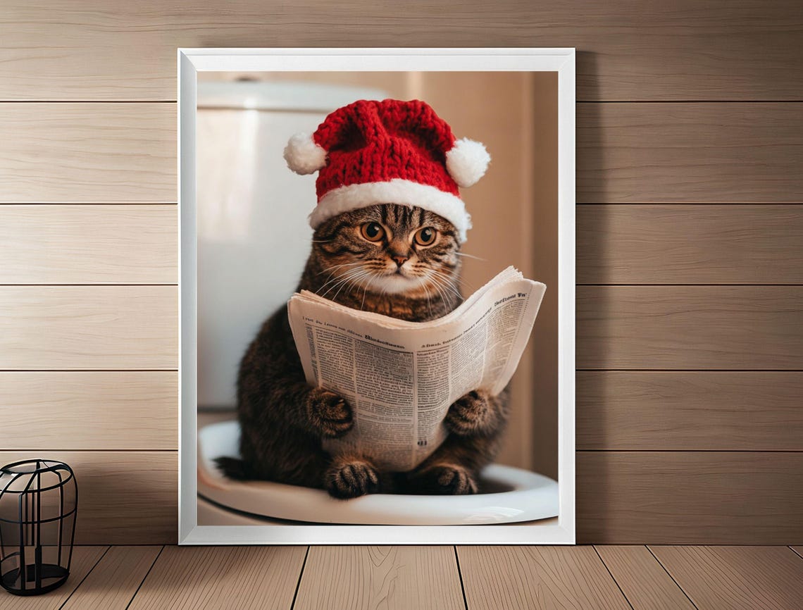 Funny Christmas Cat in Santa Hat Reading Newspaper Bathroom Poster - Image 3