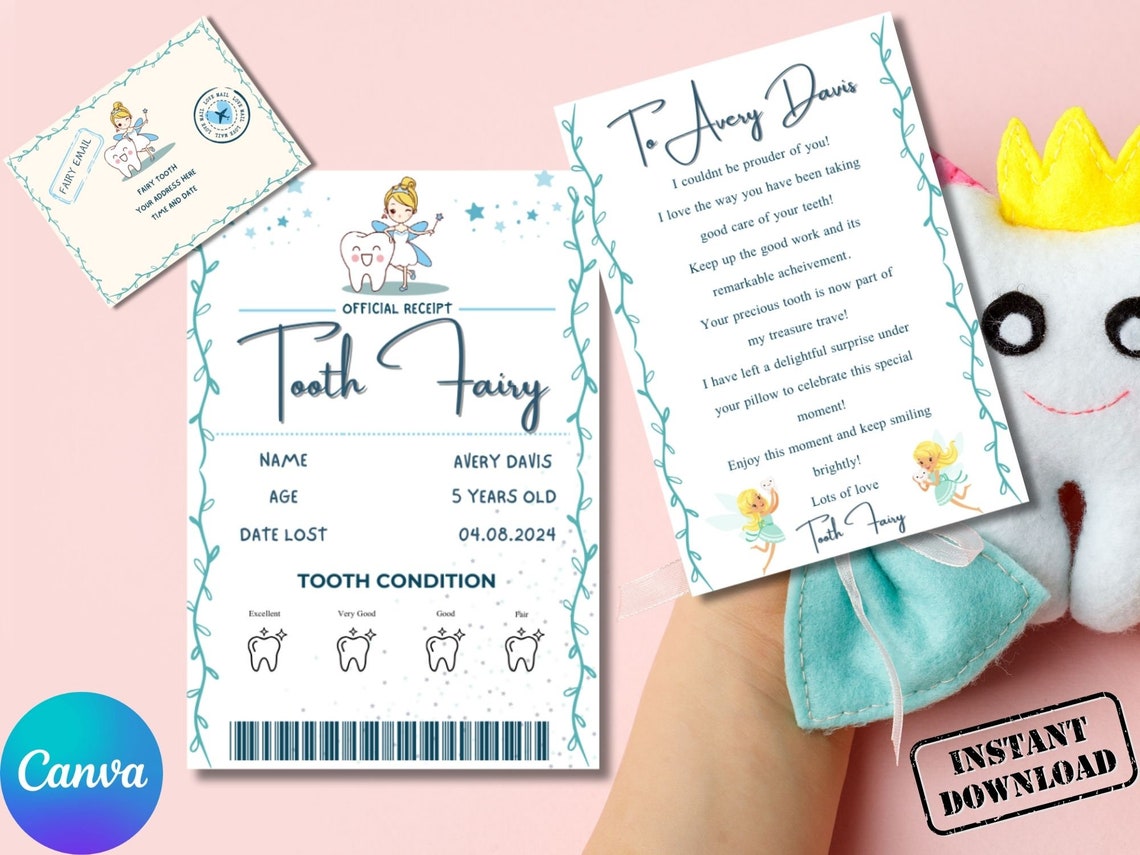 Tooth Fairy Official Receipt Certificate Letter Set Kids Print