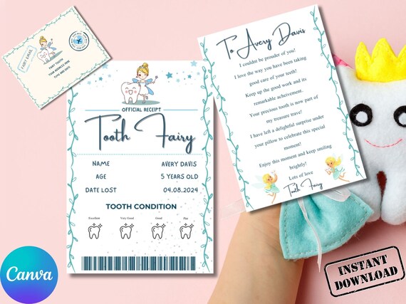Tooth Fairy Official Receipt Certificate Letter Set Kids Print