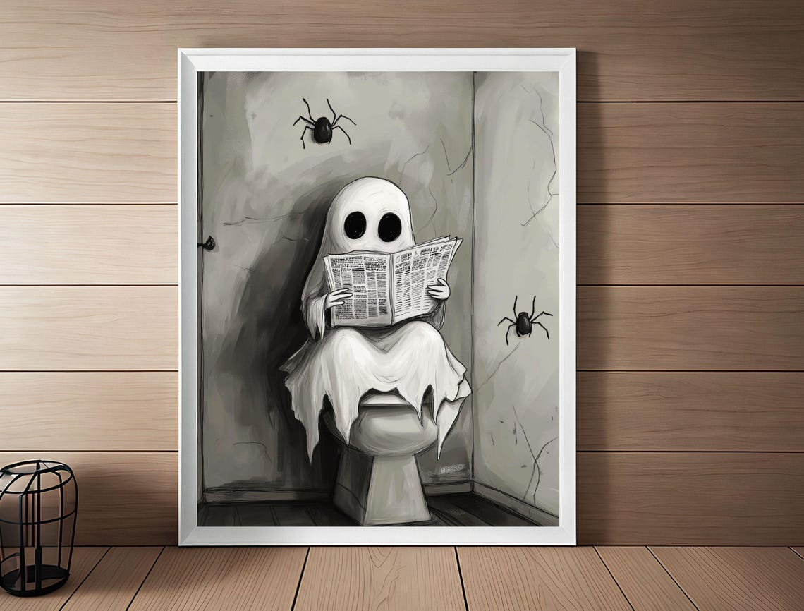 Funny Ghost Reading Newspaper on Toilet Bathroom Humor Poster - Image 5