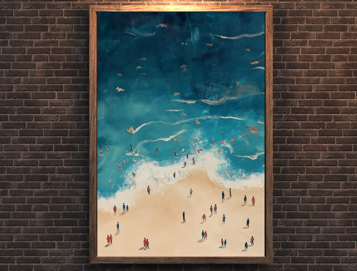Foamy Aerial Turquoise Waves Sandy Beach People Summer Art Print - Image 7