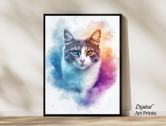 Gray Watercolor Cat Portrait Odd Eyes Pastel Splash Art Print