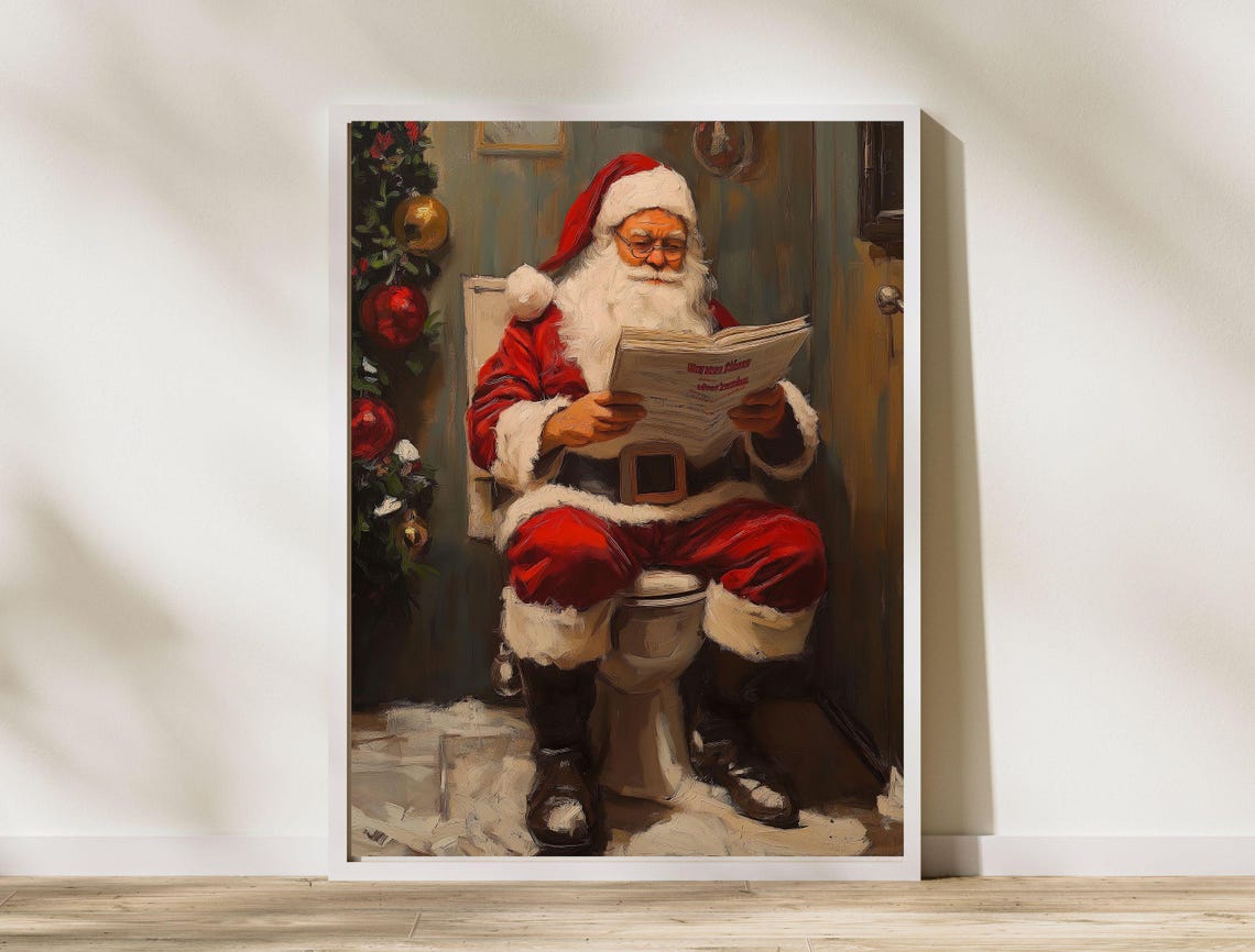 Funny Santa Claus Sitting on Toilet Reading Newspaper Bathroom Poster - Image 8
