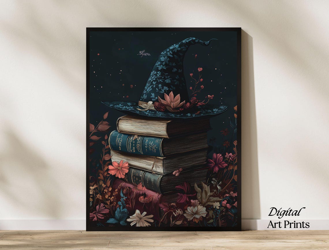 Witch Hat on Stack of Spell Books Floral Night Sky Halloween Poster