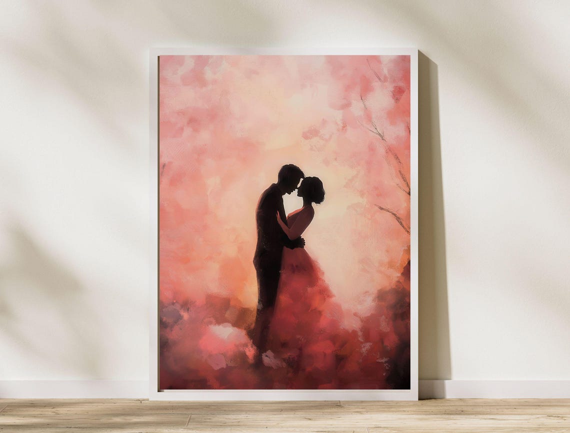 Romantic Couple Embrace Blush Pink Blossom Silhouette Art Print - Image 8