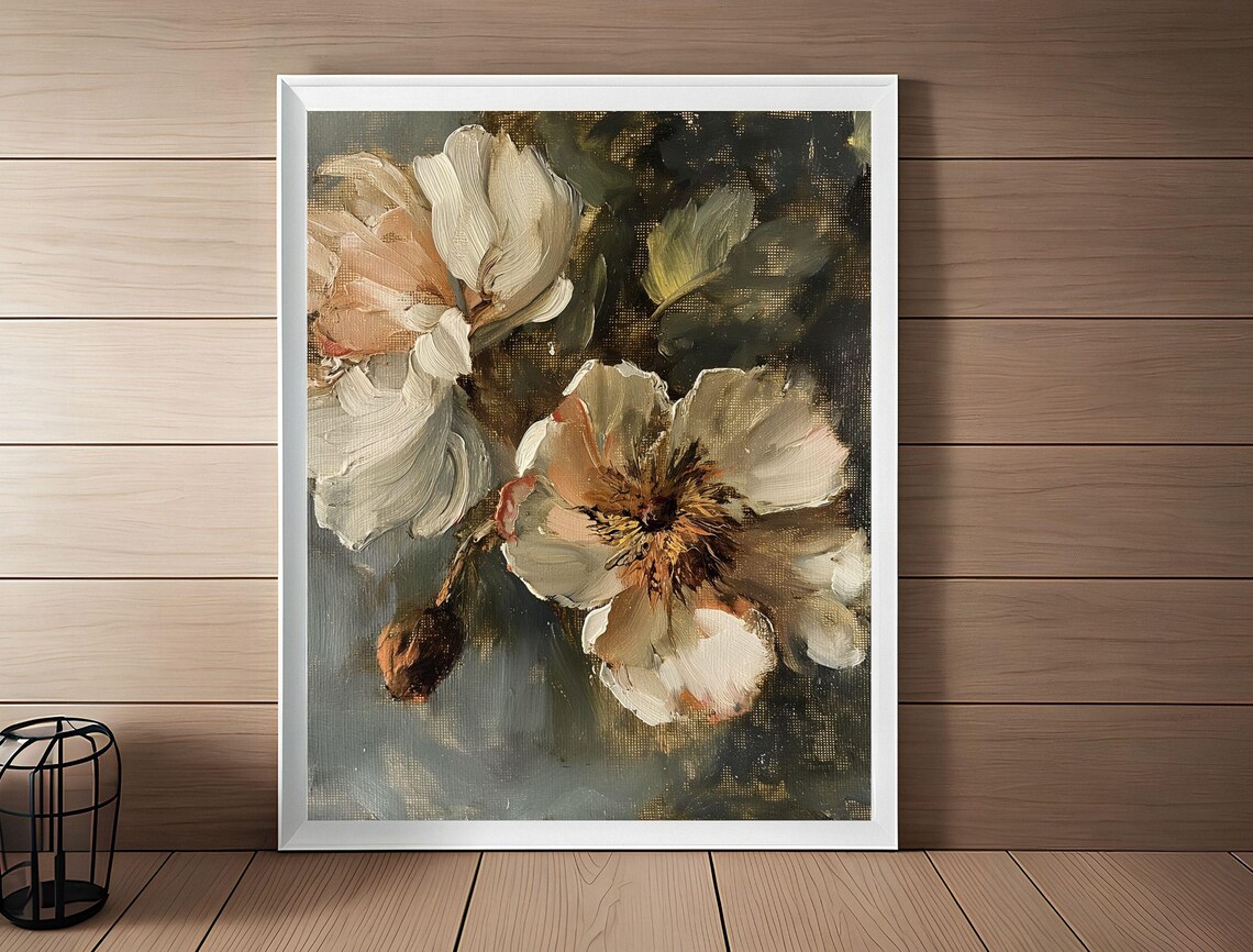 Vintage Cream Peony Flower Impasto Oil Painting Dark Art Print - Image 3