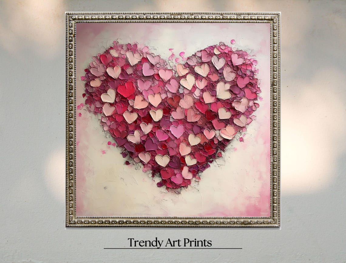 Pink Blush Textured Heart Impasto Oil Painting Romantic Decor Print