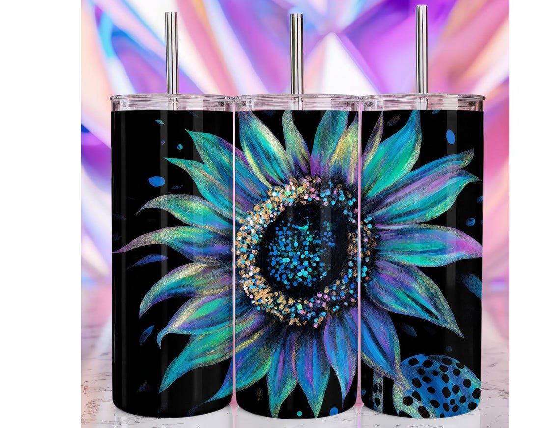 Iridescent Blue Sunflower Black Background Tumbler Wrap Design Print - Image 2