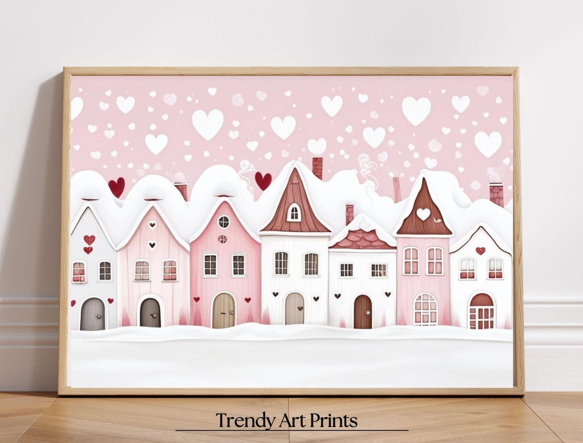 Blushing Pink Snow Village Falling Hearts Winter Romance Art Print