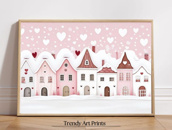Cute Valentines Day Wall Art Pink Valentine Village Art Valentines Day Painting Romantic Valentine